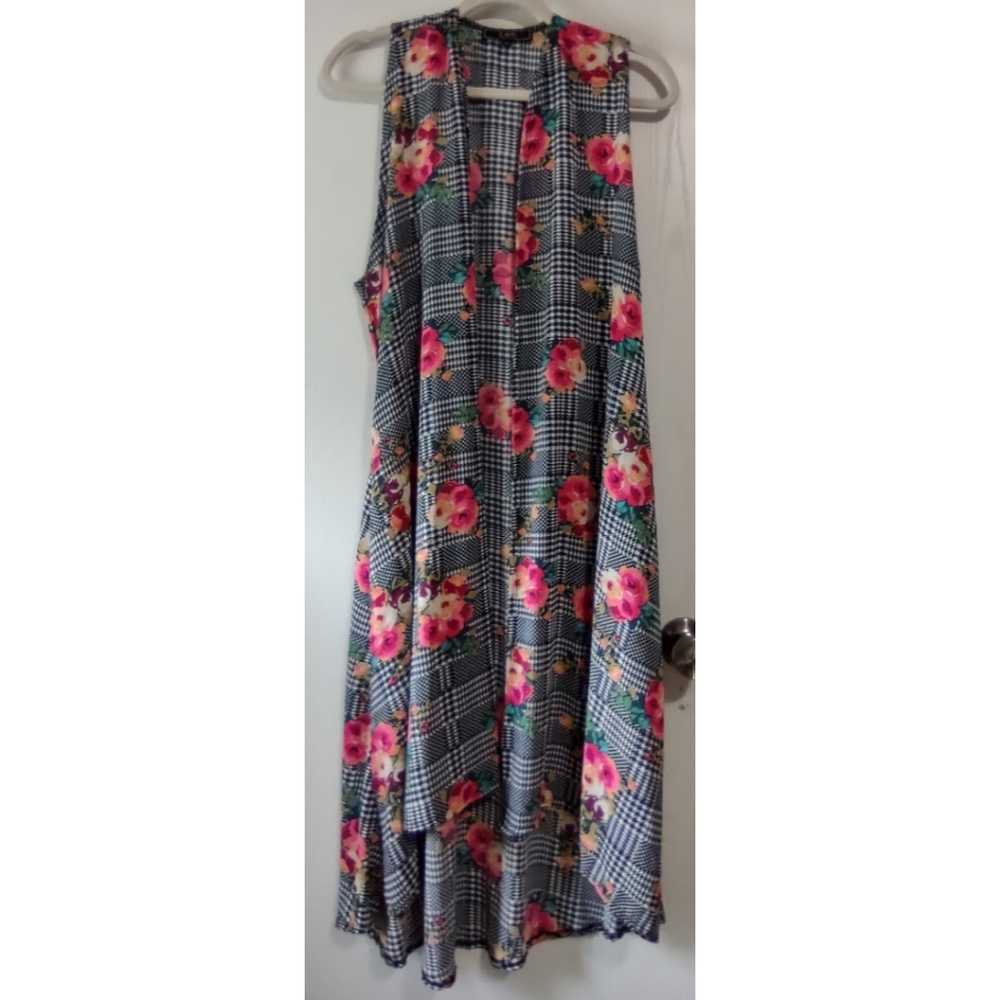 Long Duster Vest with plaid/floral pattern